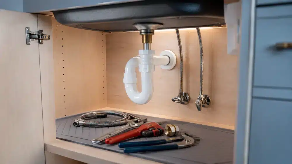 Clean supply lines and new shutoff valves connected under a sink during tap installation Tap installation