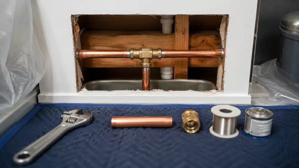 Copper pipe repair in progress inside an opened wall with a wrench fitting and solder laid out on a protective mat plumbing leak repair