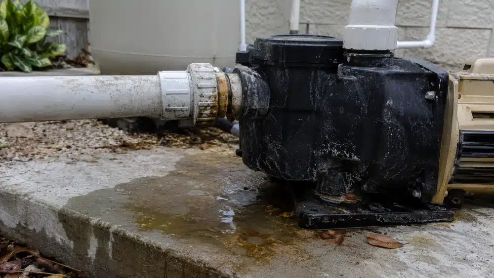 Leaking pool pump fitting on the equipment pad a sign it needs pool plumbing repair Pool Plumbing Repair