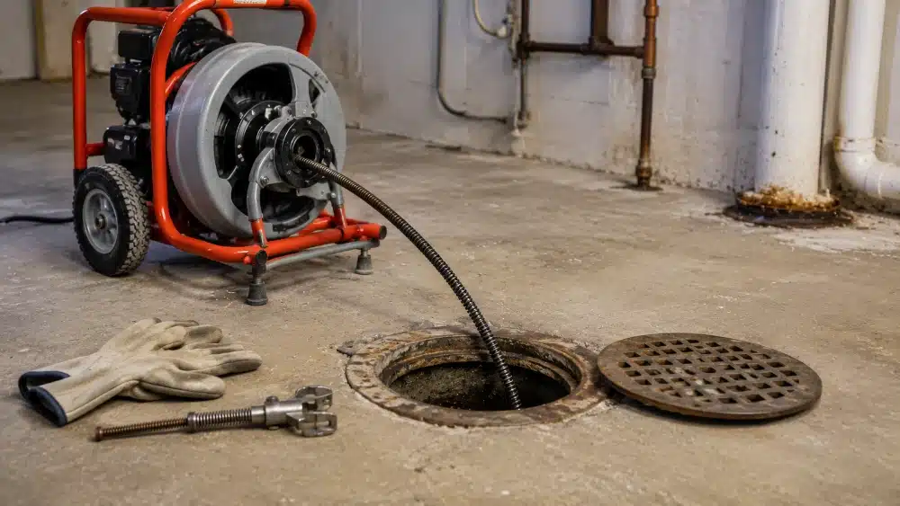 Motorized drain auger feeding a cable into an open floor cleanout to clear a main sewer line Sewer Cleaning