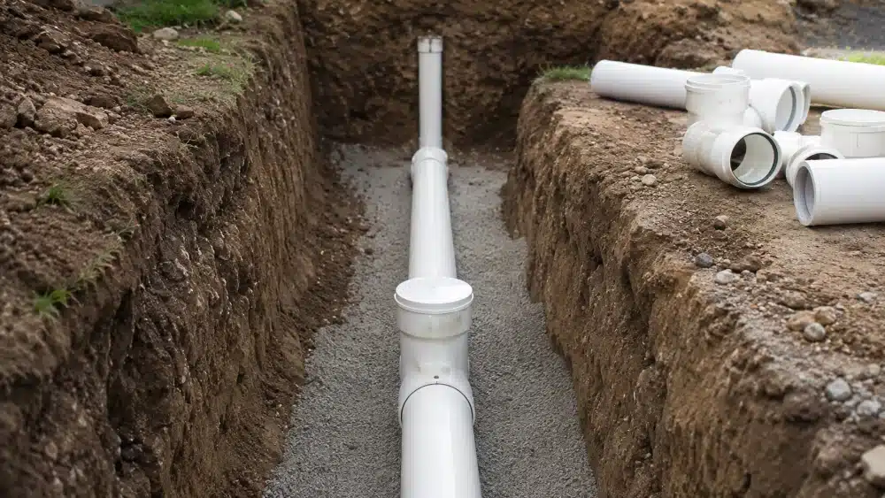 New PVC sewer installation with a cleanout and fittings ready sewer installation