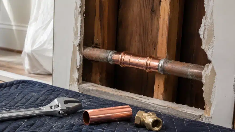 Newly repaired copper pipe section in a wall with a wrench coupling and fitting on a protective mat Plumbing Pipe Repair