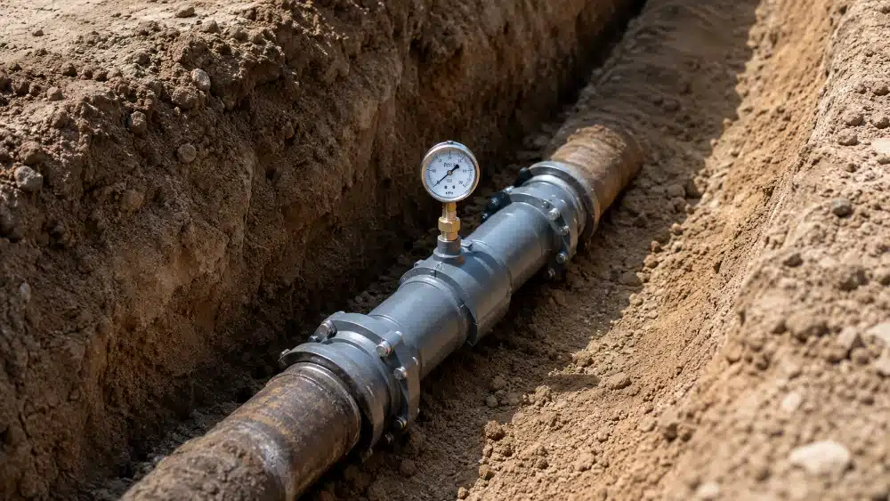 Pressure testing a buried pipe repair before backfilling part of outdoor plumbing repair Outdoor Plumbing Repair
