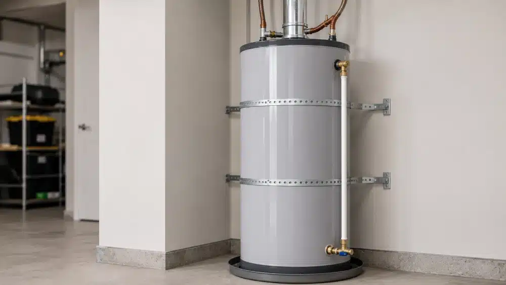 Professional water heater installation with double seismic strapping copper connections and a pressure relief discharge pipe in a basement Water Heater Installation