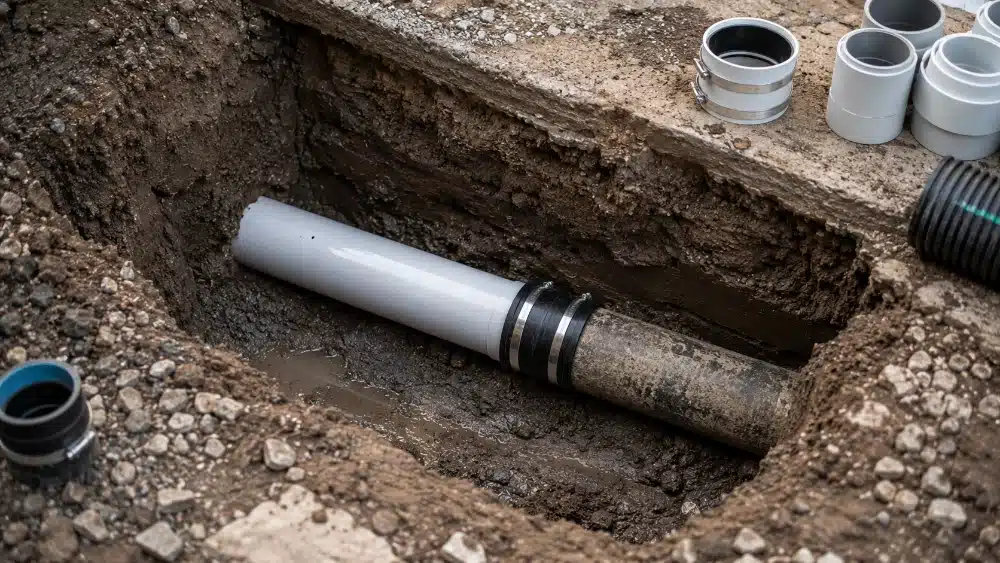 Sewer repair in progress a new pipe section connected to the existing line in an excavated trench Sewer repair