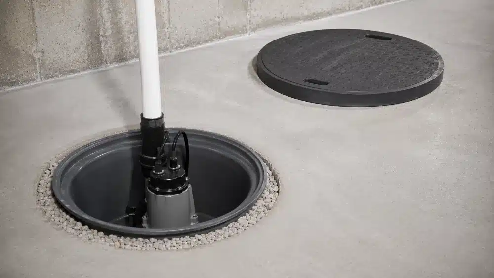Submersible sump pump installed in an open pit with gravel bed and discharge pipe in a basement Sump Pump Installation