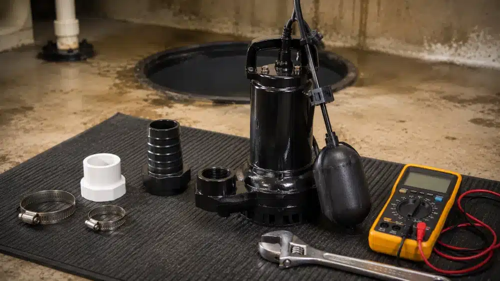Sump pump repair diagnostic showing the float switch discharge fittings and multimeter Sump Pump Repair