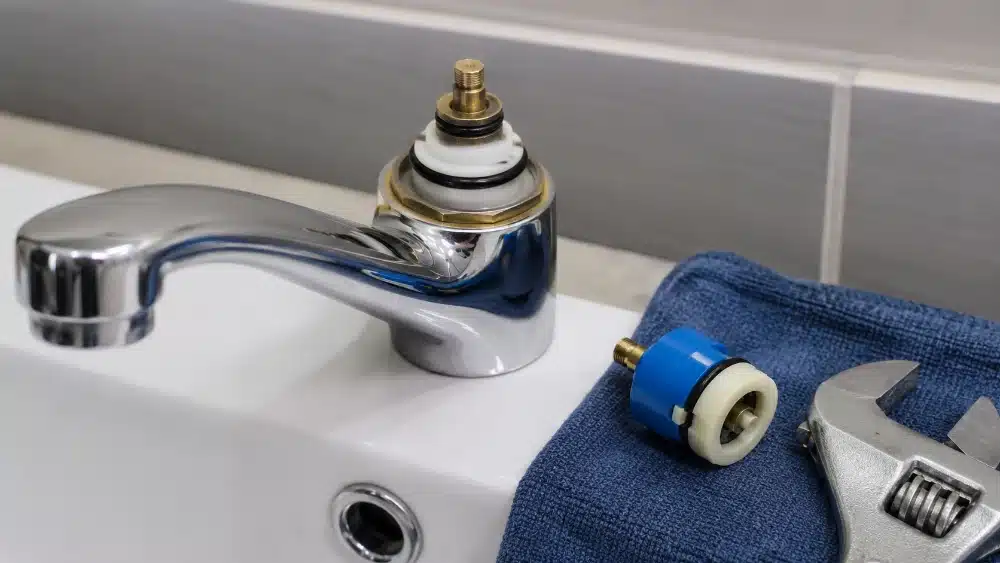 Tap cartridge exposed for inspection with a replacement cartridge and wrench staged nearby tap repair