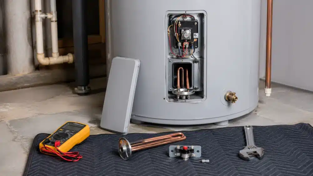 Water heater repair diagnostic showing the heating element thermostat and testing tools water heater repair
