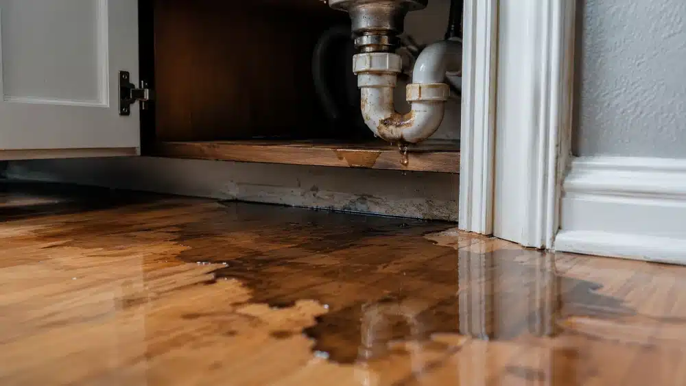 Water leaking from a corroded P trap under a kitchen sink pooling across a hardwood floor