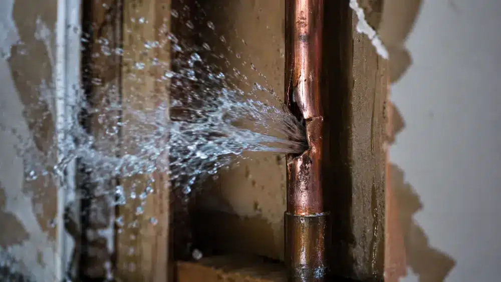 Water spraying from a burst copper pipe inside an open wall cavity during a plumbing emergency emergency plumbing