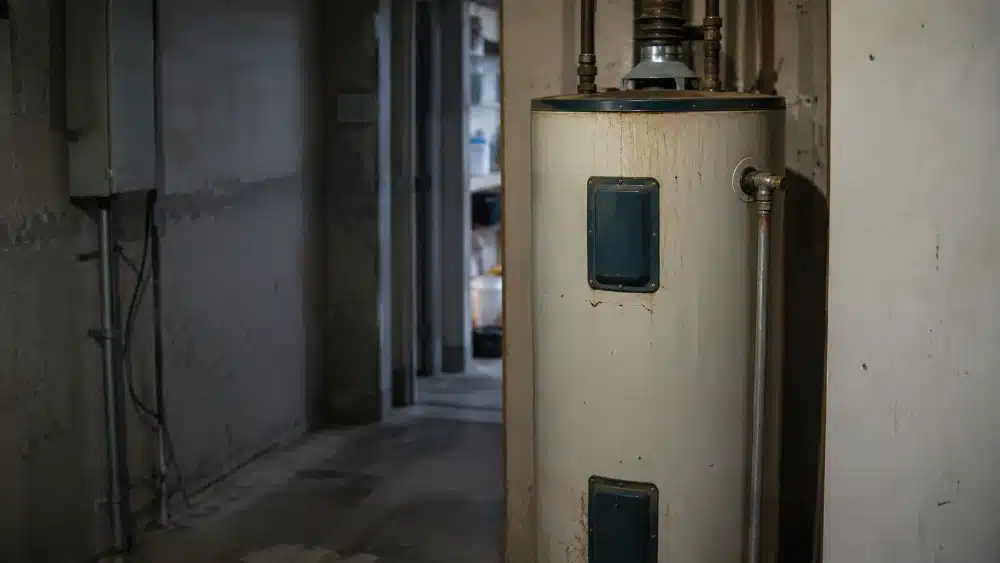Aging water heater tank in a basement utility room showing surface rust and wear a sign it may need water tank repair water tank repair