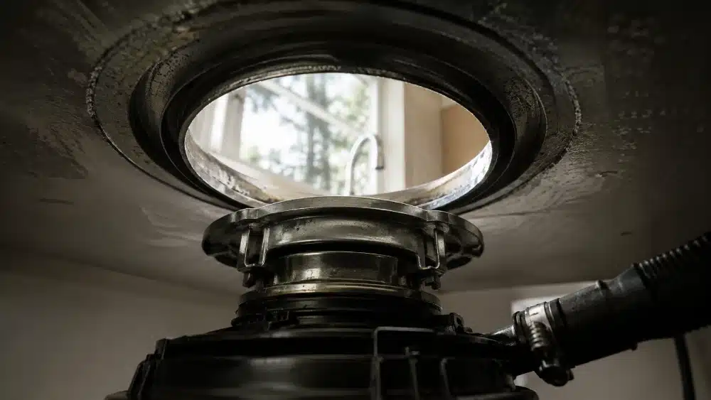 Underside view of a garbage disposal unit and mounting flange during a waste disposal repair inspection Waste disposal repair
