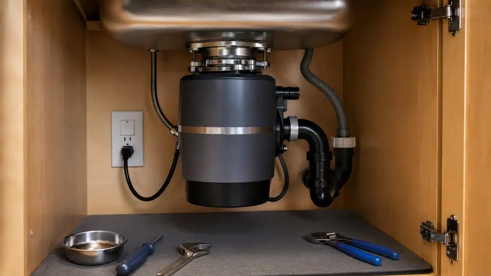 Waste disposal installation showing the mounted unit drain connection and switched outlet Waste Disposal Installation