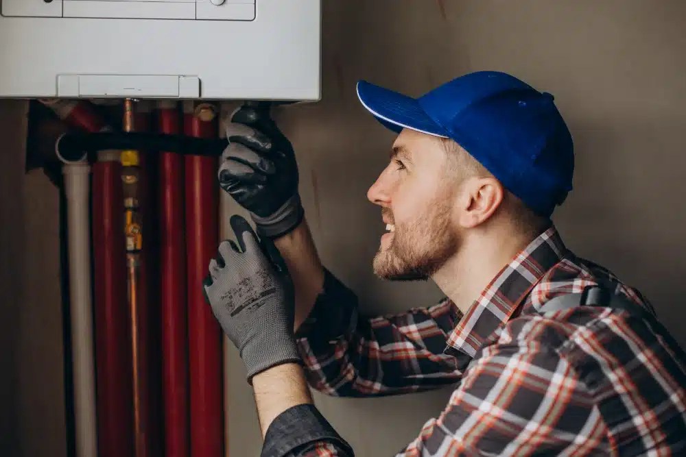 service man adjusting house heating system heating contractor